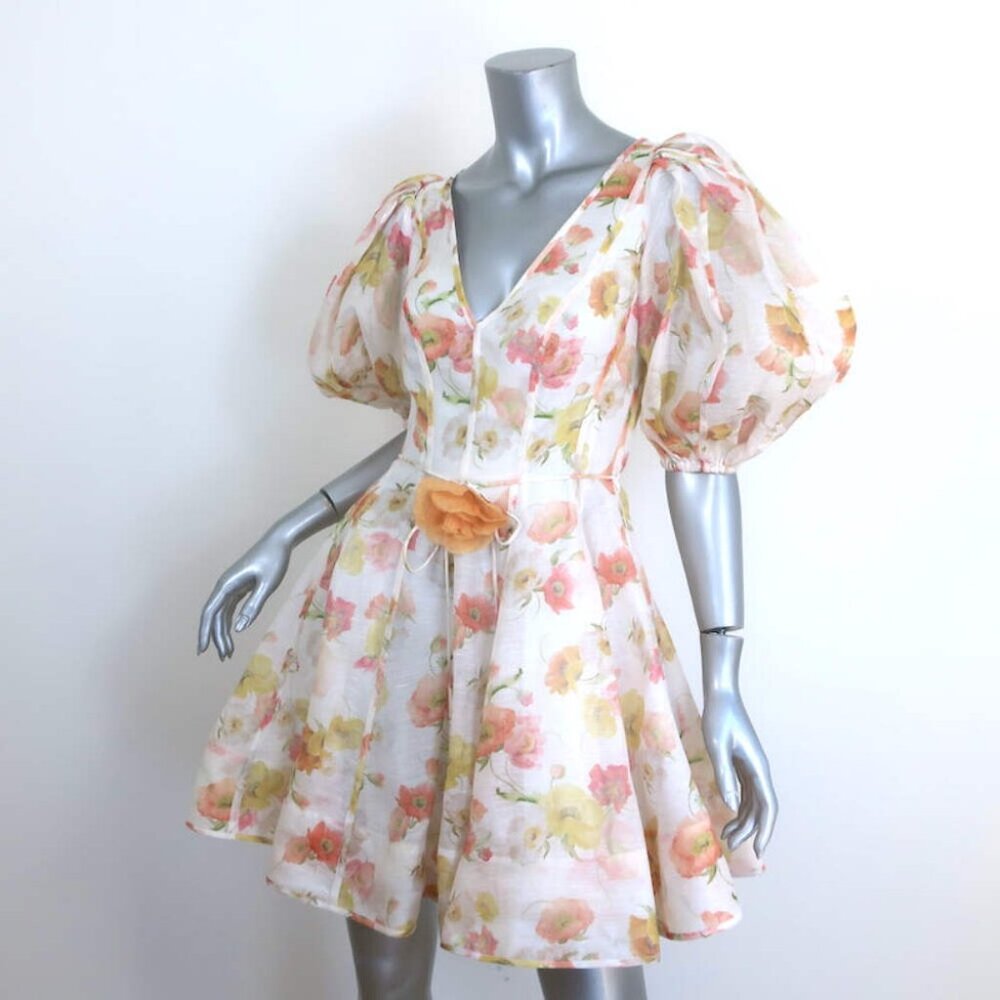 Zimmermann Tranquility Flip Puff Sleeve Mini Dress Cream Floral Print Size 0 - Picture 2 of 6